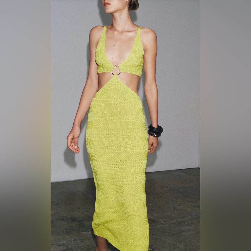 ZARA Lime Green Knit Sparkly Cutout Midi Dress - Size: S - Like New!